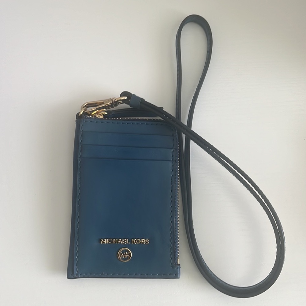MICHAEL KORS Small Jet Set Charm Leather Card Case Lanyard BLUE